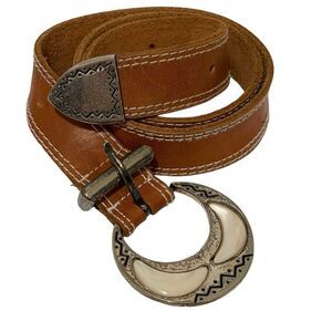 Vintage Liz Claiborne Genuine Leather Belt Tan With Silver And Ivory Tone Buckle